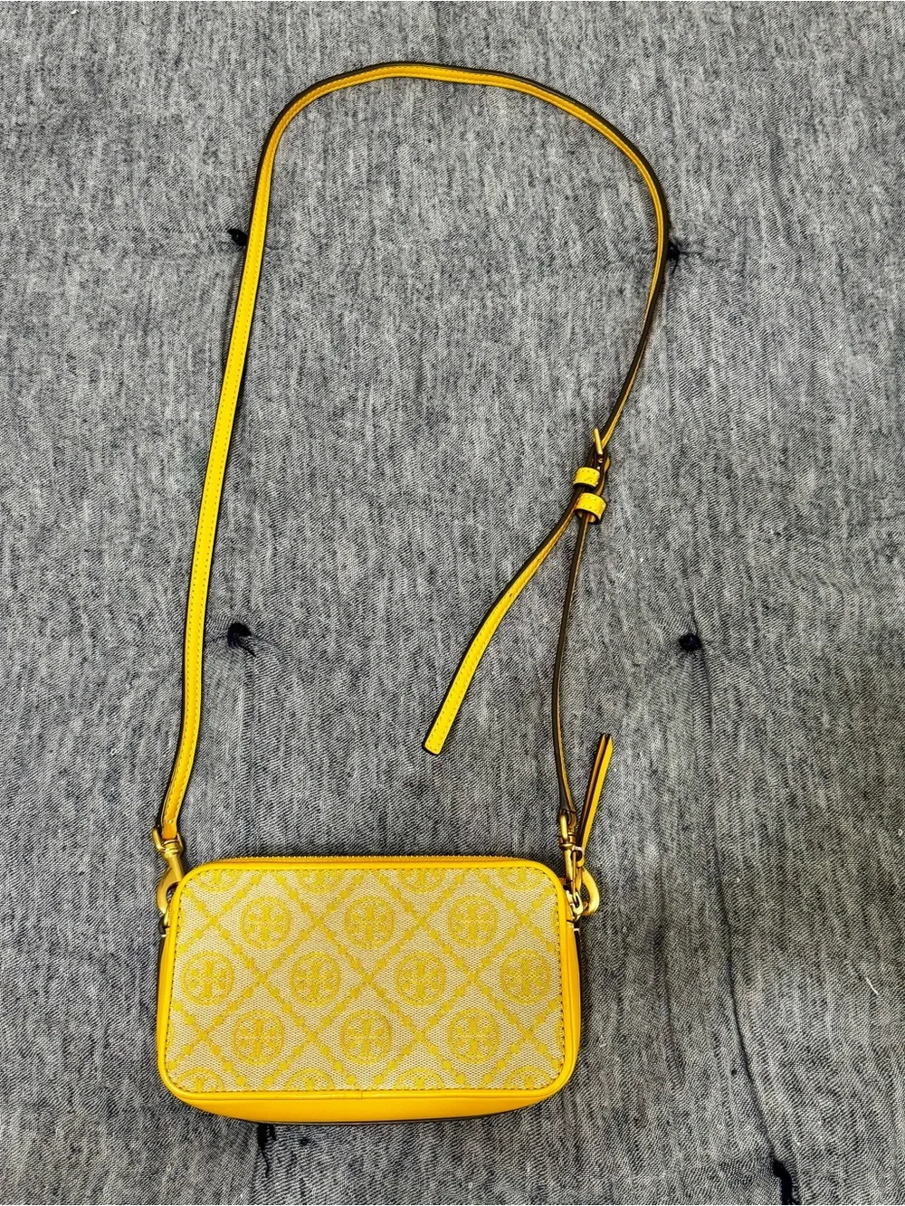 Tory Burch T Monogram Mini Yellow Tan Jacquard Crossbody